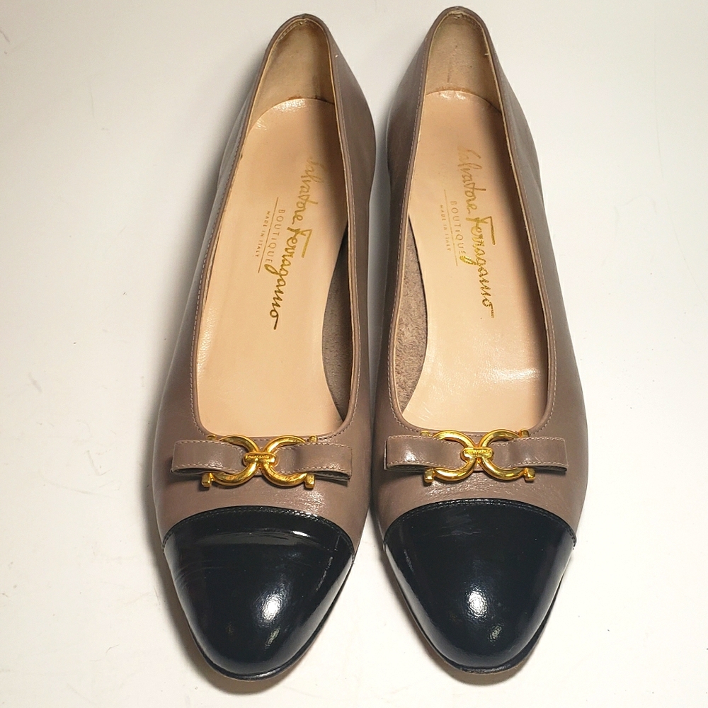 Ferragamo Tan and Black Gold Logo Heels
